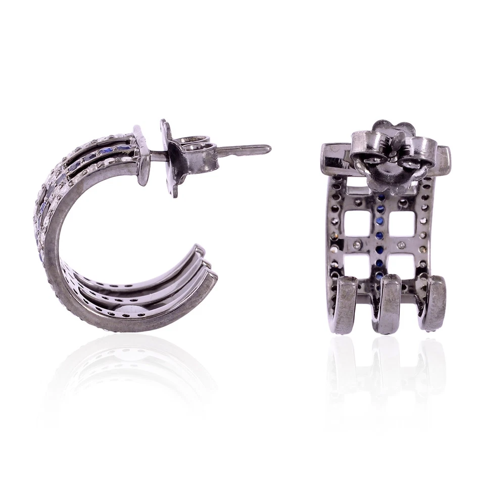 Серьги-кольца из стерлингового серебра 925 пробы с бриллиантами и синим сапфиром с родиевой отделкой - Изображение 3 из 4