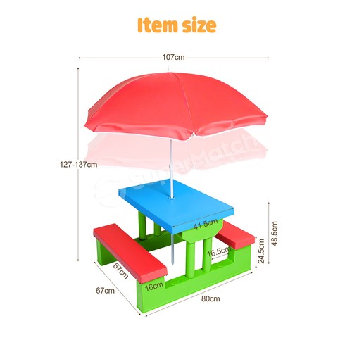Multi-Colour Kids Picnic Table w/Umbrella Set Outdoor Indoor Bench Chair - Picture 7 of 11