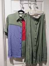 Vintage KORET French Quarter Patchwork Sz 14 Top 18 Skirt Set Sage Green