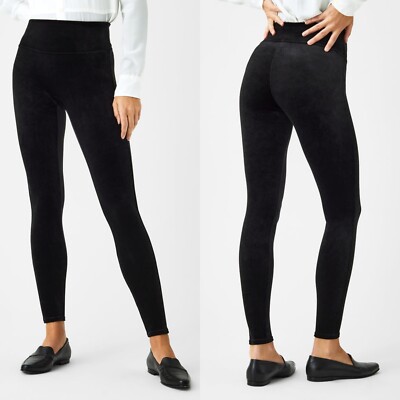 SPANX Black Velvet Velour Leggings High Waisted Tummy Control