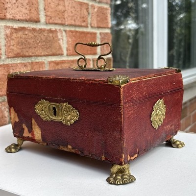 Antique 1820s  English Luxury Regency Distressed sewing Box Red Scarce As Is