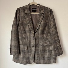 Talbots Blazer Jacket Womens Petite 12P Brown Glen Plaid Fabric Woven in Italy