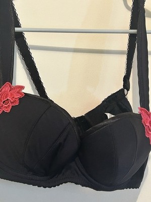 Ewa Michalak  Bra Sz 85A/ 38A Black With  Pink Embroidered Flower Poly Cotton