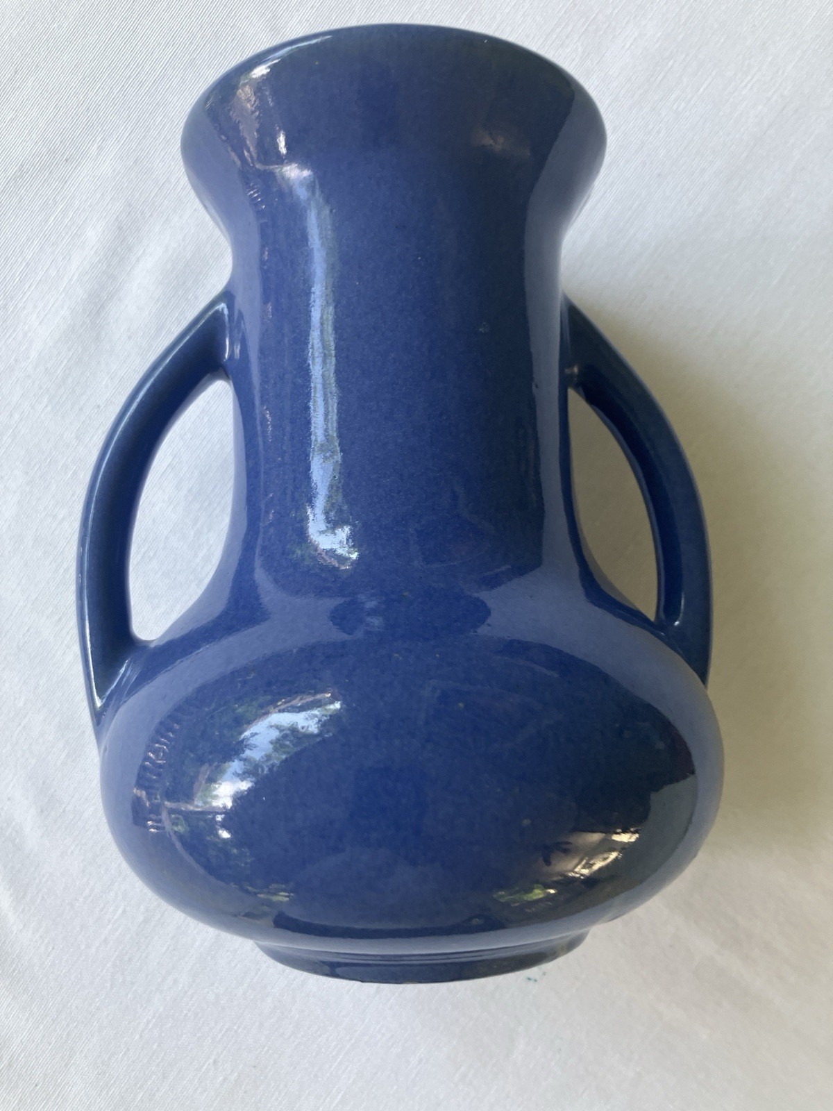 Vtg Zainsville Ohio Pottery Blue Stoneware Two Handles Vase Signed 105 7.5”