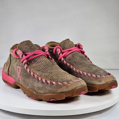 Twisted X Kids Driving Moc Brown Pink Breast Cancer Ribbon Shoes YDM0026 12.5M
