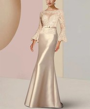 Champagne Mermaid Evening Gown Lace Bell Sleeve Illusion Neck Satin Formal Dress