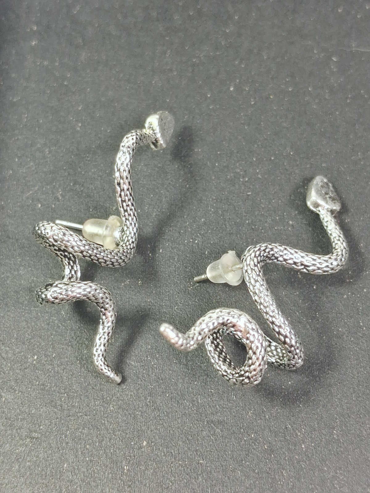 Silver Tone Coiled Snake Stud Earrings Textured Serpent Wrap Gothic Boho Jewelry