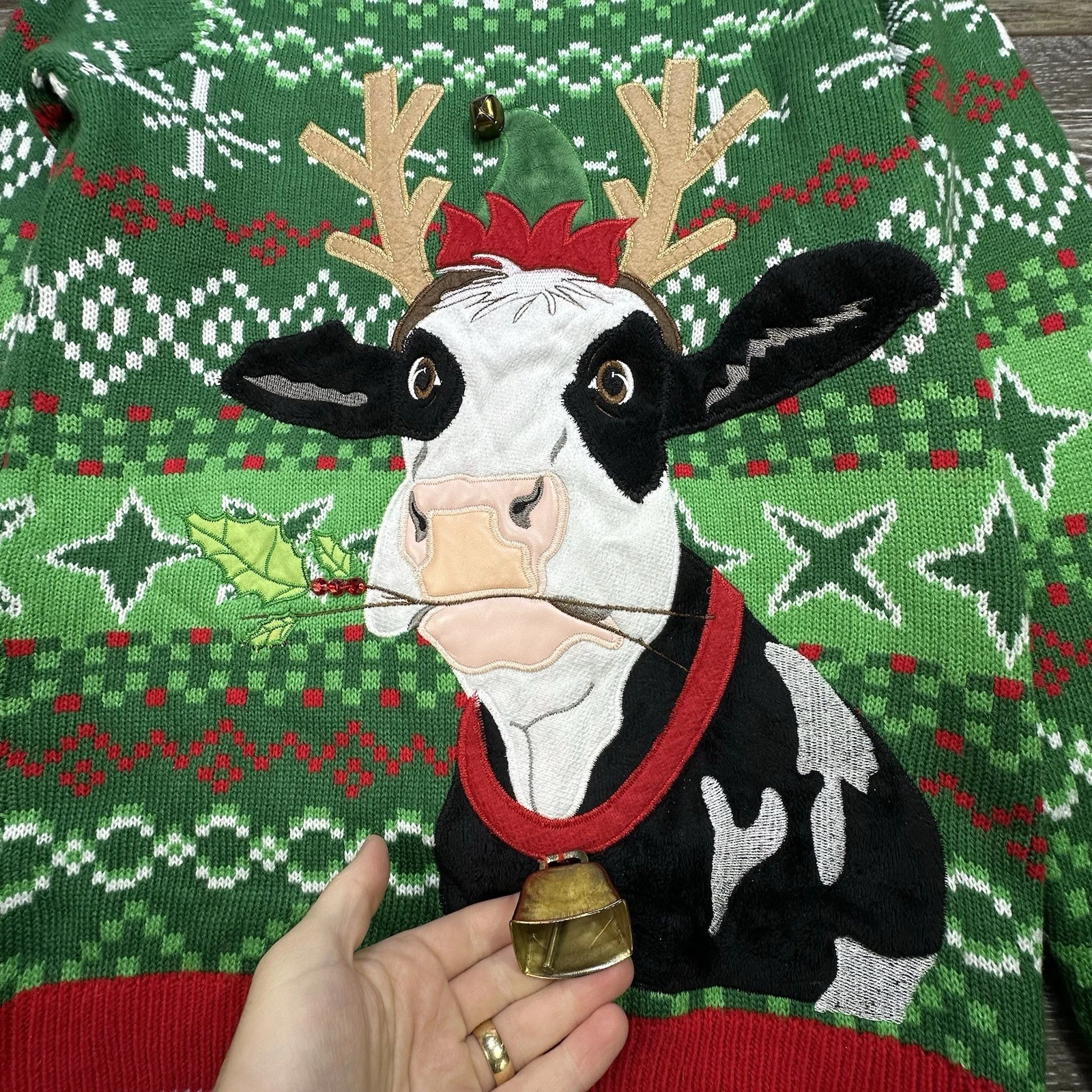 Ugly Christmas Sweater COW Antlers & Bell Holly Holiday Time Size Small (34-36)
