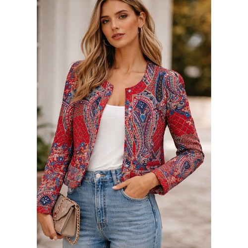 Claudie Pierlot Voulzy Jacket Women 40 Red Paisley Quilted Cropped EUC 11V1E12