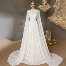 Elegant Muslim Wedding Dresses with Cape O-Neck A Line Civil Bride Dress Modern