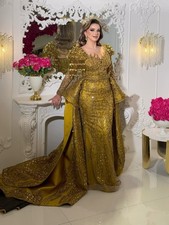 Gold Beaded Sequin Long Sleeve Ball Gown Wedding Dress with Train