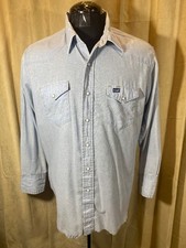 Mens Vtg 70s Wrangler Western Shirt 17 1/2 XL Solid Blue L/S Poly/cot Snaps
