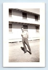 Old Vintage Photo SOLO ARMY MAN SOLDIER BY BARRACKS SNAPSHOT PHOTOGRAPH PICTURE