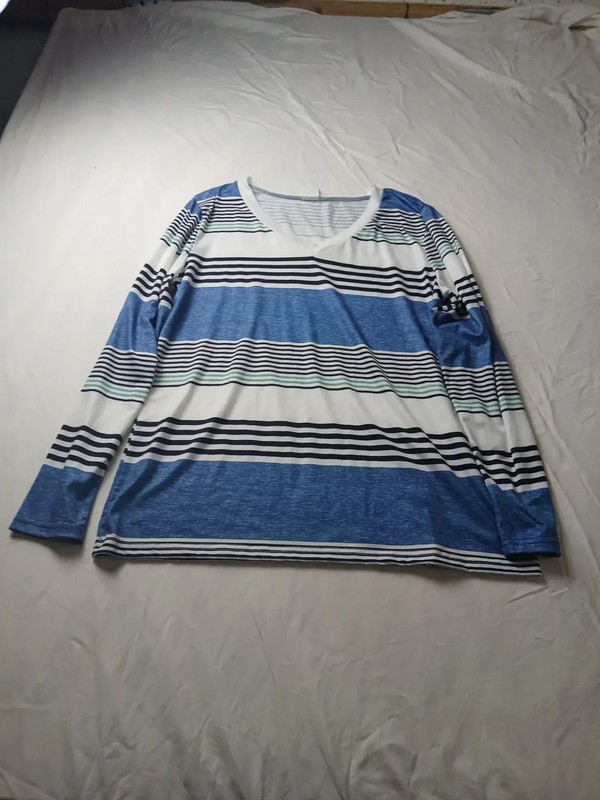 Striped V-Neck Long Sleeve Top Womens L Blue White Mint Stretch Polyester