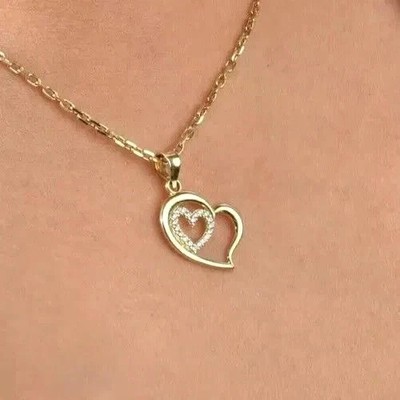 Fancy Heart Shape Pendant 1Ct Round Cut Simulated Diamond 14K Yellow Gold Plated