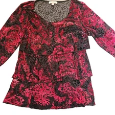 Roz and Ali Womens  L Red Black Velvet Burnout  tiered blouse shirt Whimsigoth 