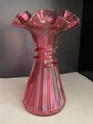 Fenton Cranberry Glass Wheat Vase Ruffled Rim and Three Ring Neck