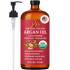 Organic Argan Oil 16 fl oz   Glass Bottle with Pump, Moroccan Argan Oil For Hair