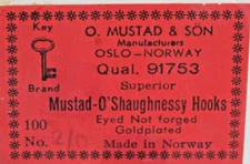 Vintage O. Mustad & Son Fish Hooks 100 Goldplated Sz 2/0 O'Shaughnessy