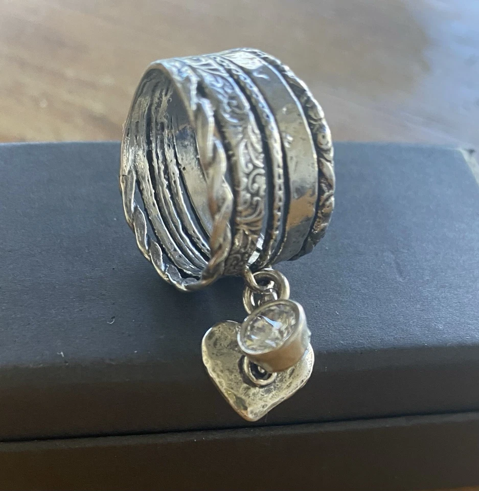 Israel Sterling Silver CZ & Heart Charm Wide Band Ring Size 8.25 - - Image 4 of 4