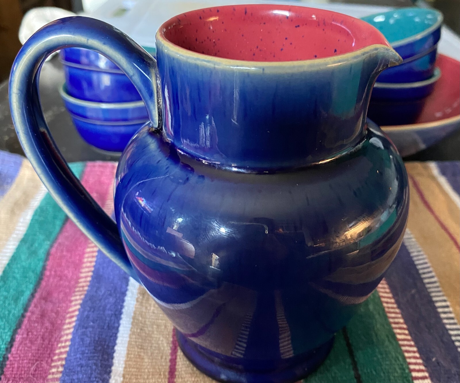 Denby Harlequin Blue Red 16 oz Milk Pitcher 5.5 Inch