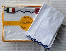 Portofino Italy 100 Cotton Percale Luxury King Sheet Set White w/Blue Trim NEW