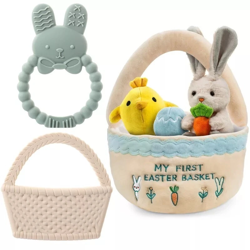 Easter Plush and Teether Baby Playset - Squeaky Bunny, Chicken, Easter Egg