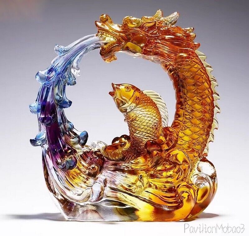 Chinese Liu Li Crystal Glass Jumping Carp Fish Dragon Gate Statue