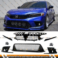 FOR 22-24 CIVIC GLOSS BLK TYPE-R STYLE FRONT UPPER & LOWER GRILL + FOG LENS KIT
