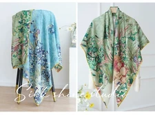 Double Face Blue & Green Elegant Van Gogh Iris-30% Silk 70% Wool Scarf  Shawl53"