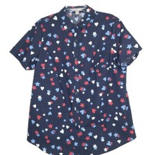 Woman Within Size 14/16 Blouse Button Front Short Sleeve Collared Blue Stars