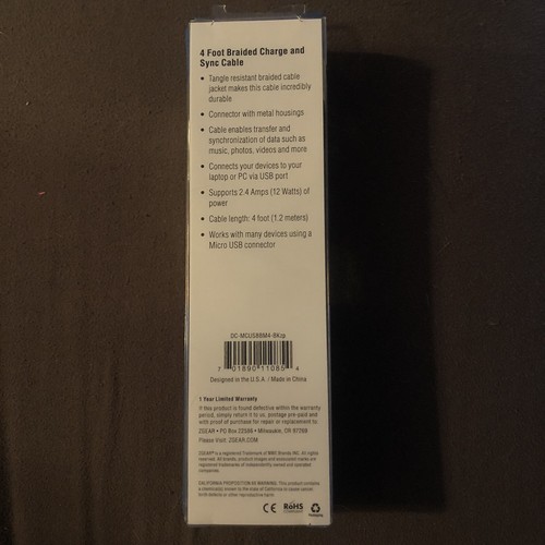 4 Foot Micro USB Charging Cable, NIB - Picture 2 of 2