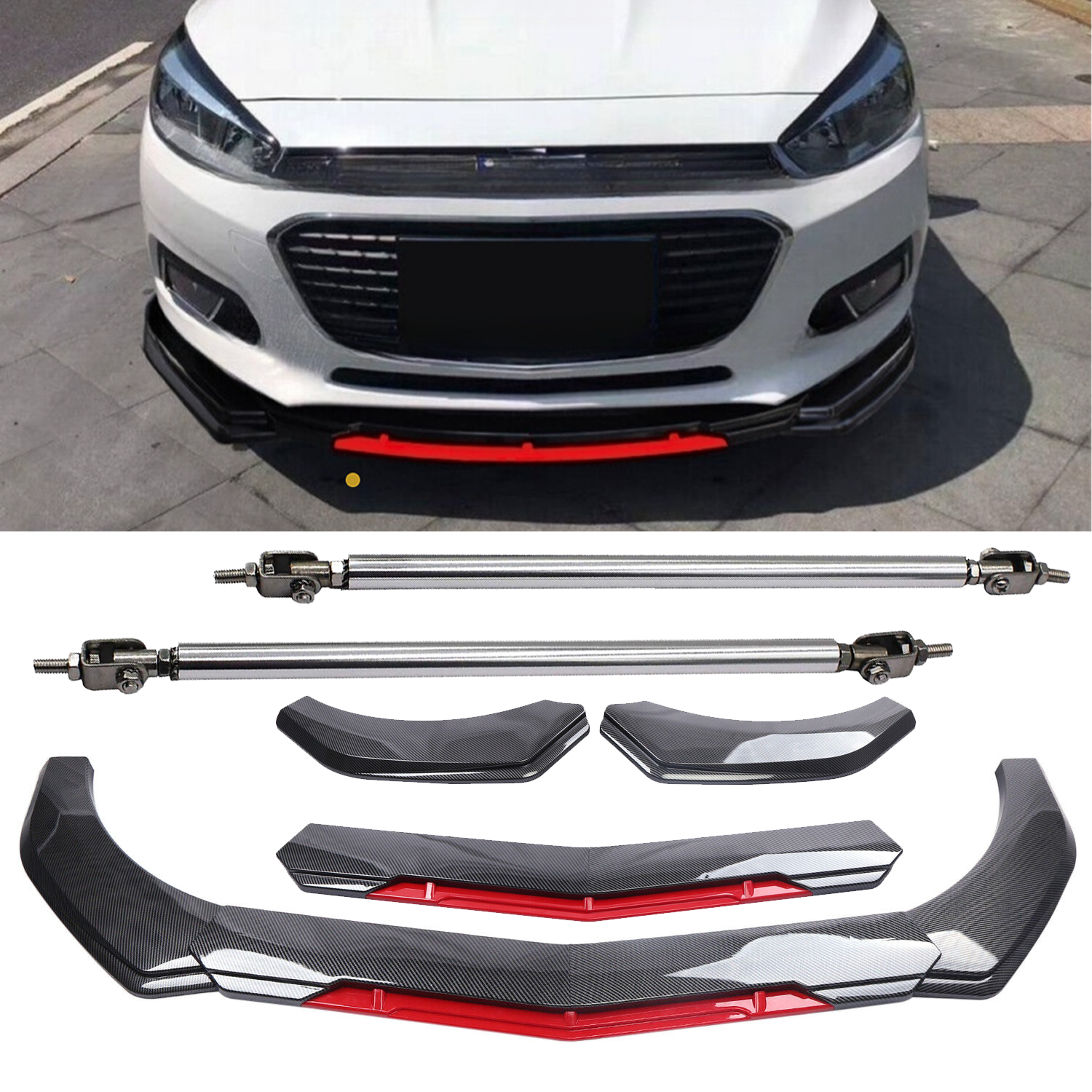 Carbon Fiber Front Bumper Lip Spoiler for Chevrolet Cruze with Strut Rods