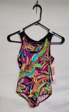 Body Wrappers Black Full Neckline feather pattern 3-Keyholes Back Leotard 12-14C