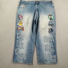 Vintage UNK NBA Jeans Mens 42 Baggy Loose Wide Leg All Team Patch Y2K Streetwear