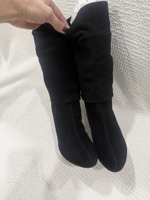 RioRosa Black  Suede Mid-Calf Bootie Cone Heel Fold-over Shaft Lined