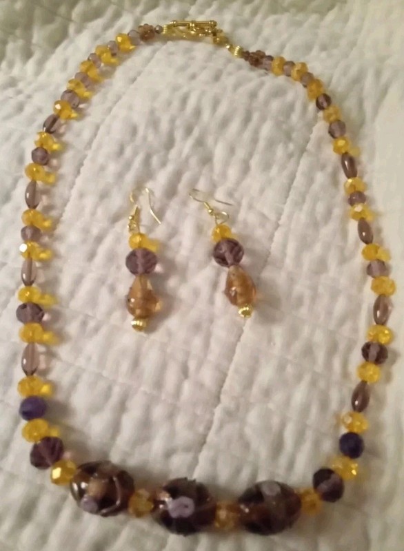 Artist Golden Purple Wedding Cakes Rosette,Facet crystals,Lampworks Necklace set
