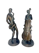 VTG Lot Of 2 Jazz Musician 13.5” Sculptures, Sax And Bass Player, Faux Bronze
