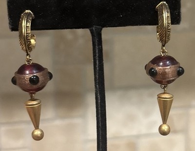 Vintage Gold Tone Greek Key?  Etruscan ? Dangle Art Glass Post Earrings
