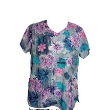 Jockey Scrub Top Gray Pink Teal Floral Print VNeck 2344-3270 Size LARGE