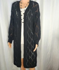DAVI & DANI S / M Black Loose Knit Open Front Long Duster Cardigan Sweater