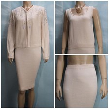 St John Evening Off White Jacket Skirt Top L 12 10 3pc Suit Embroidery Jeweled