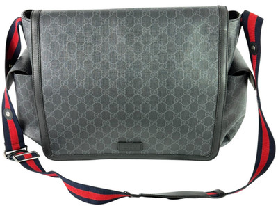 GUCCI Gray Supreme Canvas Leather Trim GG Web Diaper Changing Bag Made in Italy