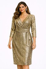 Calvin Klein $168 Gold V-Neck Sequin Mesh Dress 3/4 Sleeve Sheath Cocktail NWT
