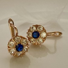 Elegant Rose Gold Plated Earrings |Deep Blue Stone & Natural Zirconia | 16 x11mm