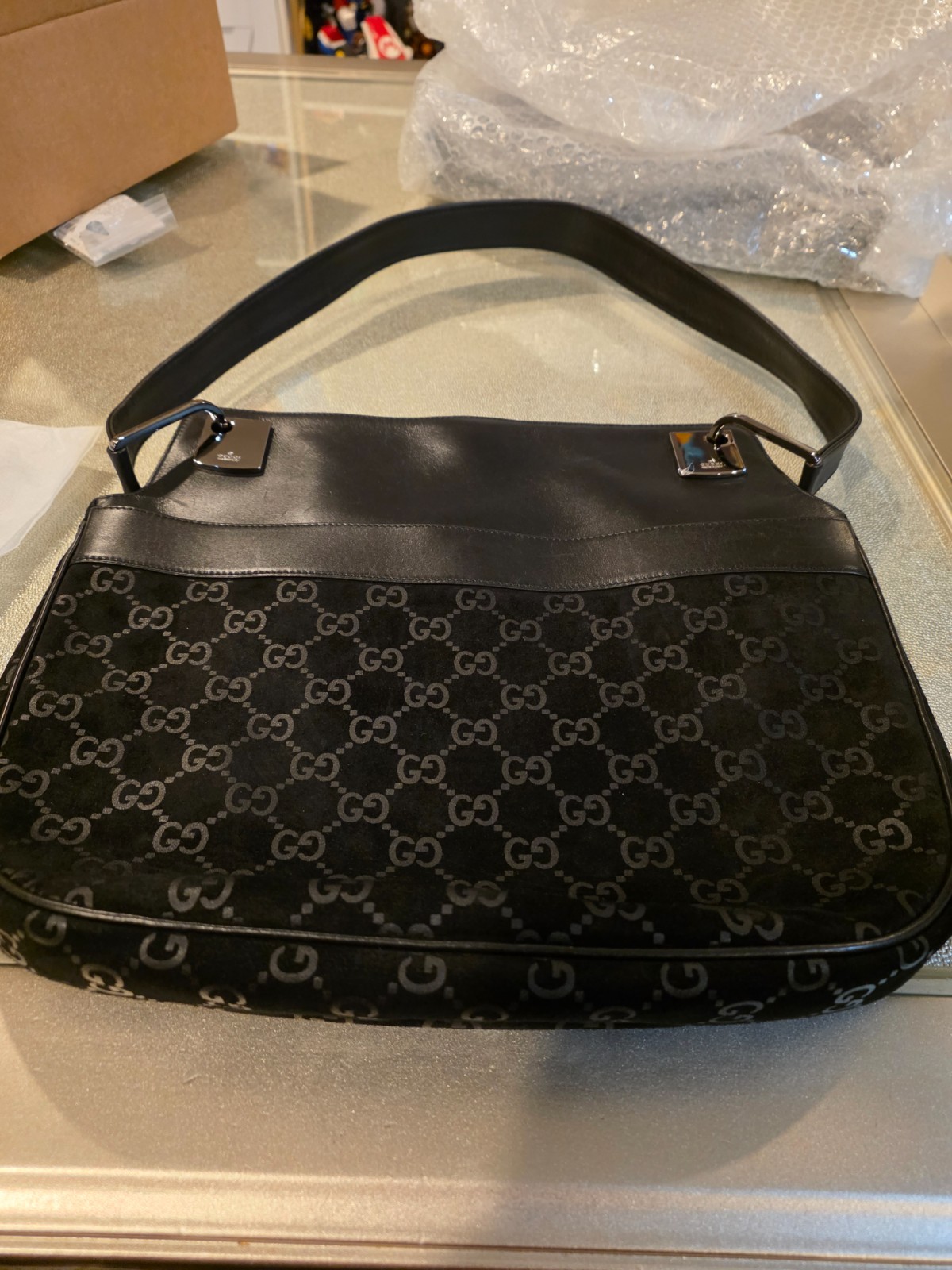 Gucci Black Suede and Leather Monogram Satchel/ Shoulder bag Authentic