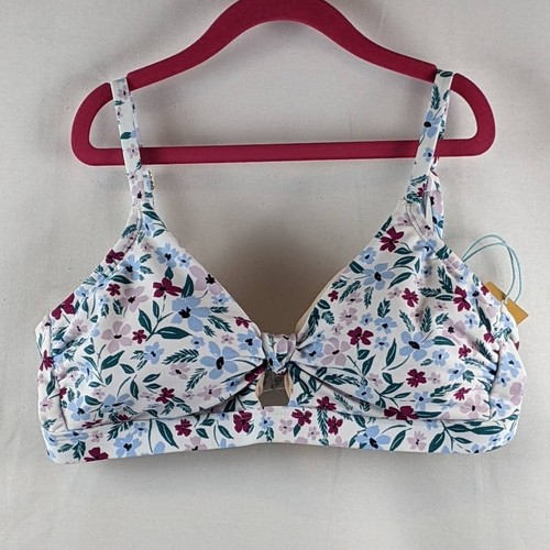 Kona Sol Floral Knot Front Bikini Top M White Pink Plants Swimsuit Beach Keyhole