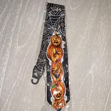 Halloween Jack-O-Lantern Spiderweb Pattern Tie, Black Orange White, Unisex