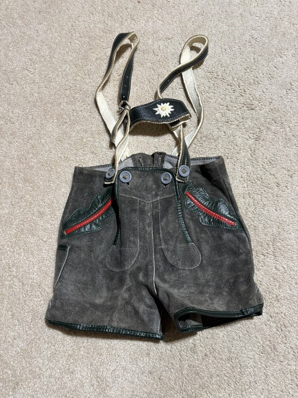 Vtg German Boy Child's Suede Leather Lederhosen Grayish Green Size Small