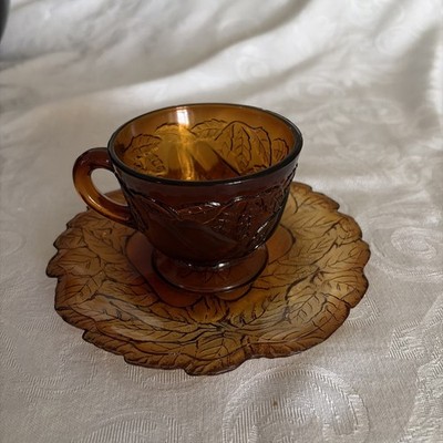 Burnt Honey Amber Pear Sugar & Creamer, 4 Plates, Indiana Glass Tiara
